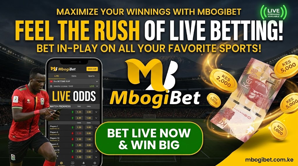 Live betting promotion showing a mobile sportsbook view with Kenyan shilling imagery